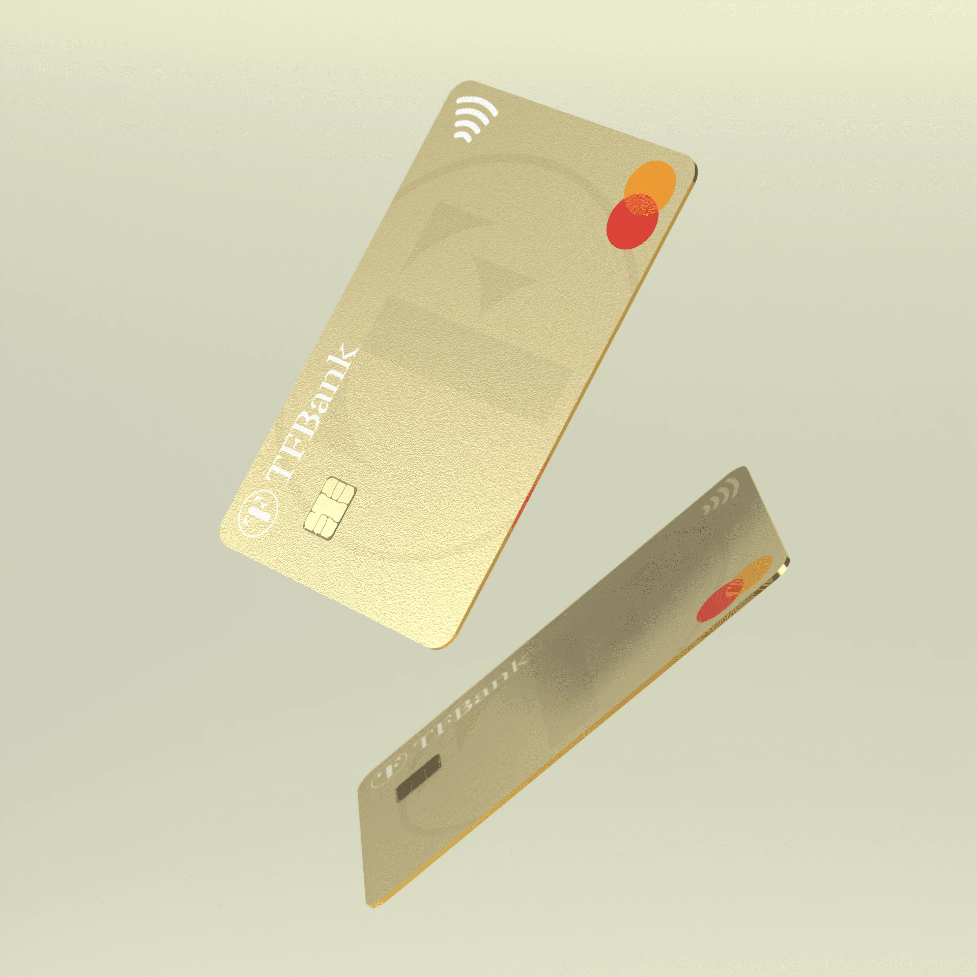 Zwei TF Mastercard Gold Kreditkarten schweben in der Luft