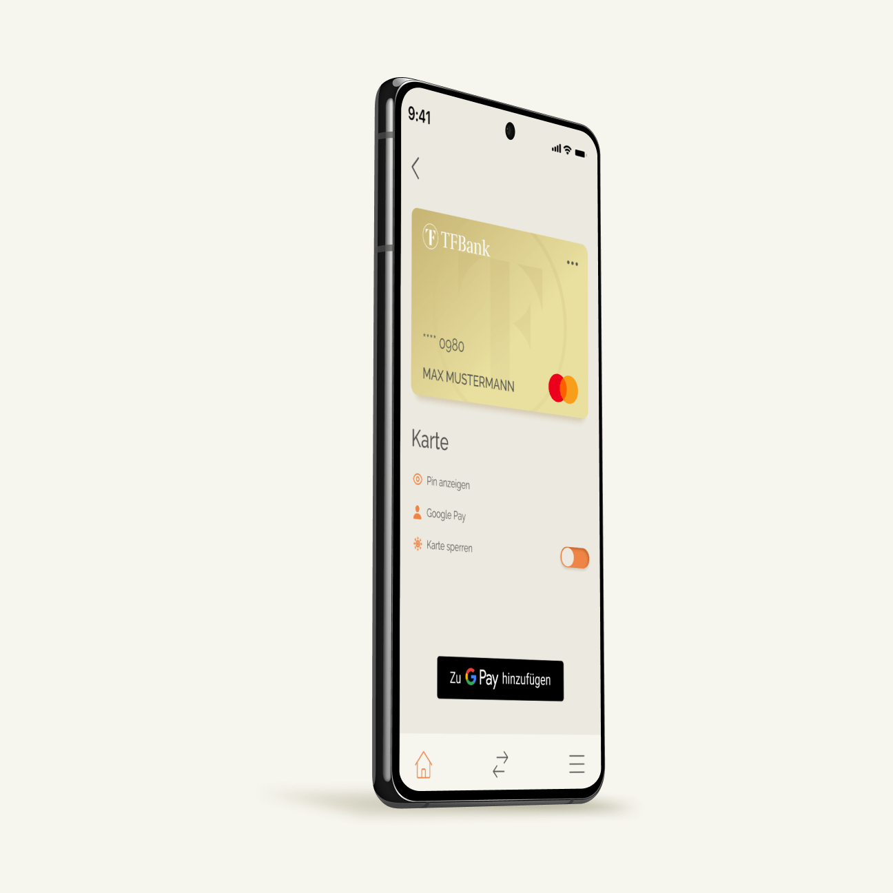 Smartphone zeigt Google Pay und die integrierte TF Mastercard Gold.