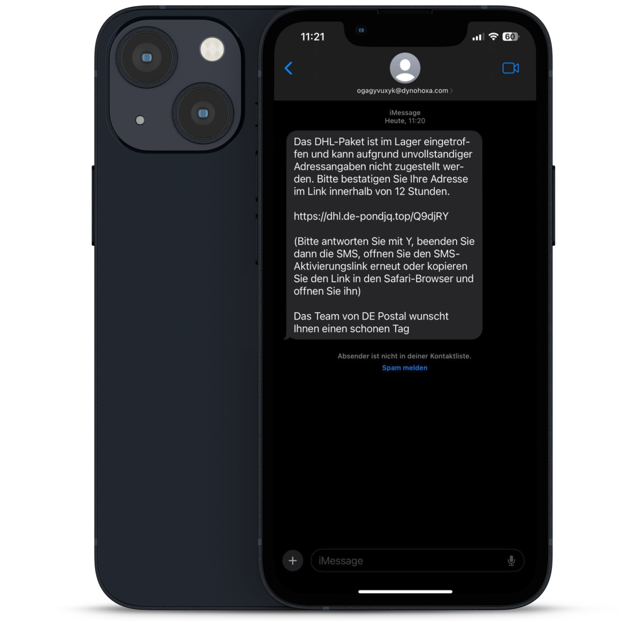 IPhone zeigt Phishing Beispiel einer SMS Nachricht.