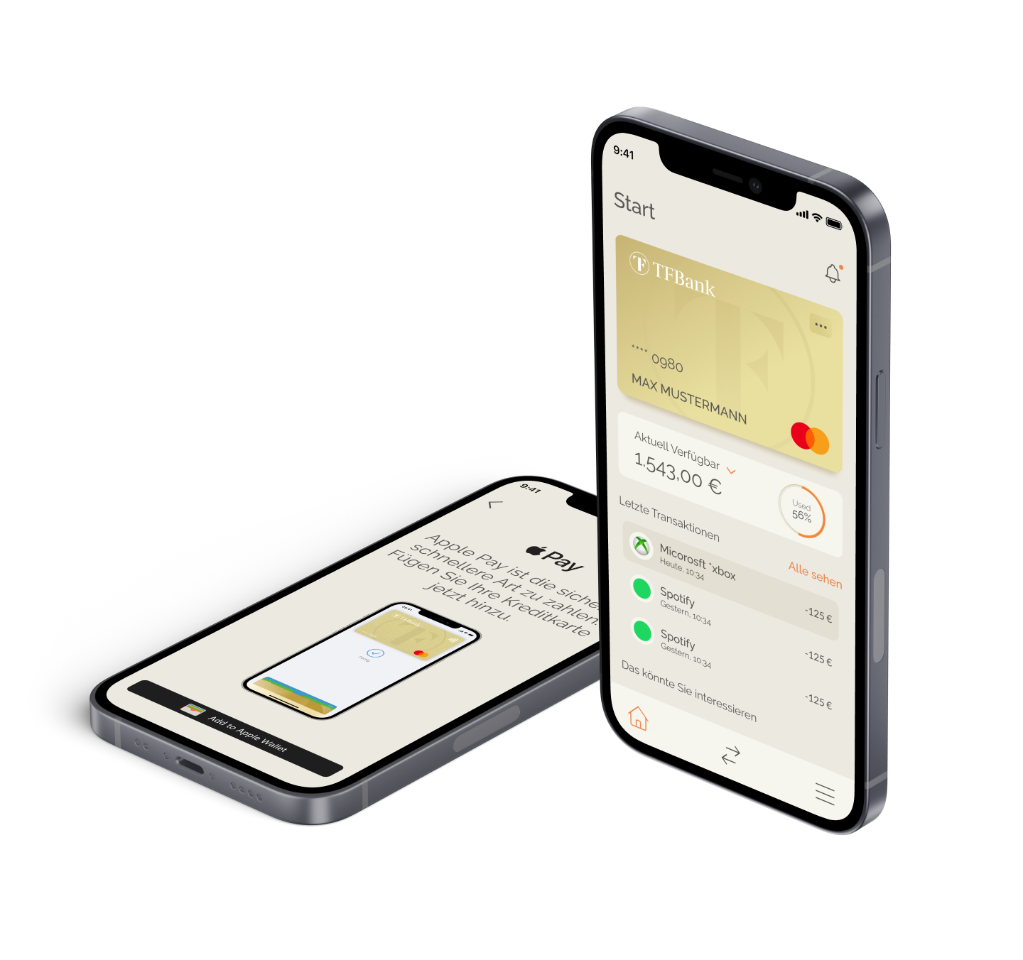 Zwei Iphones sind abgebildet. Das liegende zeigt die Funktion der TF Bank Mobile App die TF Mastercard Gold Apple Pay hinzuzufügen. Das stehende zeigt das Hauptmenü der TF Bank Mobile App.