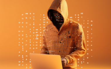 Das Bild zeigt einen orangen raum. In diesem Raum ist ein Laptop abgebildet. Über der Tastatur schwebt der Oberkörber einer Person, dessen Gesicht man auf Grund einer Kaputze nicht erkennen kann. Um die Person sind ganz kleine Code Zeichen in der Luft abgebildet in weiß.