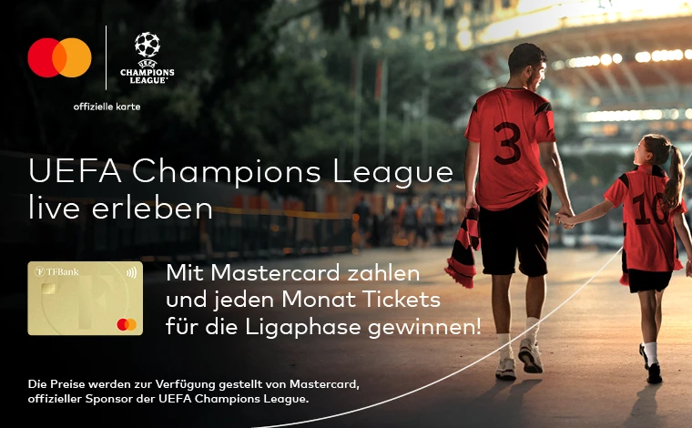 Mastercard  UEFA Champions League - Mann hält junges Kind an der Hand, beide tragen ein Fußball-Trikot