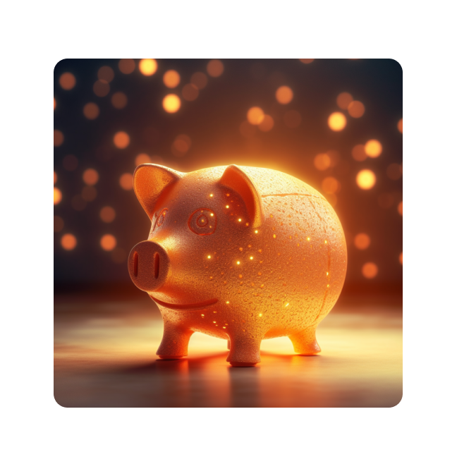 Goldenes Sparschwein leuchtet und ist umgeben von goldenen schimmernden Punkten.