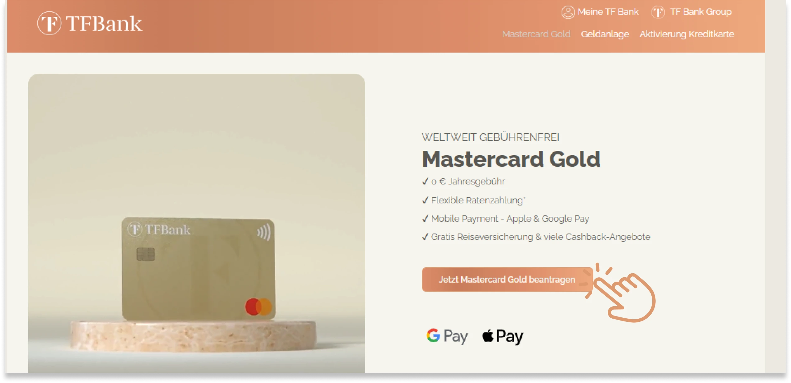Abbildund der TF Bank Mastercard Gold Seite der TF Bank Website
