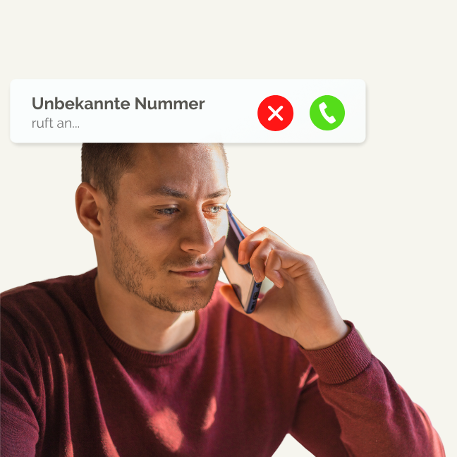 Mann telefoniert mit ernstem Gesicht. Über ihm ist abgebildet "Unbekannte Nummer".