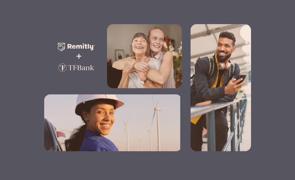 Werbebild Remitly und TF Bank. Abgebildet sind 3 verschiedene Situationsbilder (eine Frau mit Helm vor einem Windrad, Mutter und Tochter die sich umarmen, ein Mann der lächelnd über einem Geländer lehnt und ein Handy in der Hand hält)