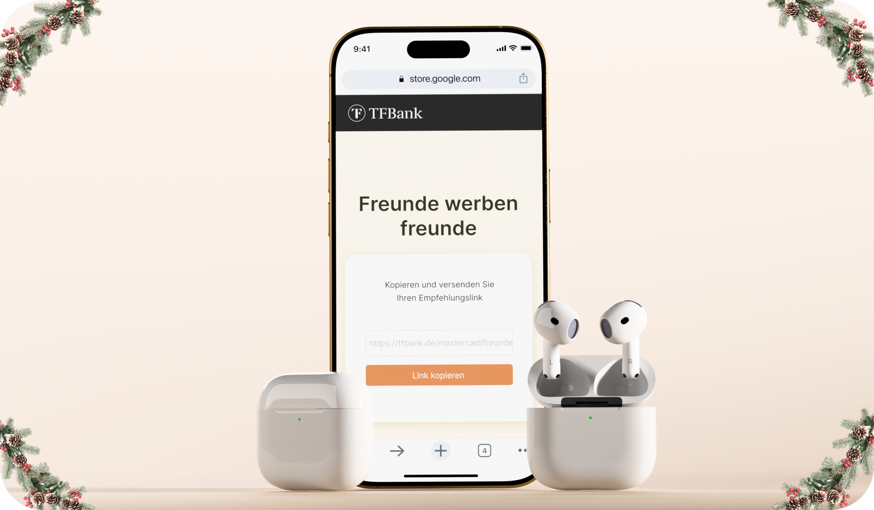 Ein iPhone hat die TF Bank Freunde werben Freunde Aktion geöffnet. Neben dem iPhone sind die Airpods 4 zusehen.