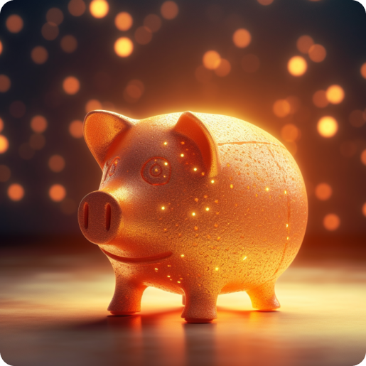 Goldenes Sparschwein leuchtet und ist umgeben von goldenen schimmernden Punkten.