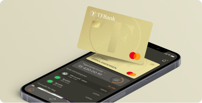 TF Bank App Home Screen im Darkmode wird auf einem Smartphone angezeigt. Auf dem Handy steht die TF Mastercard Gold. 