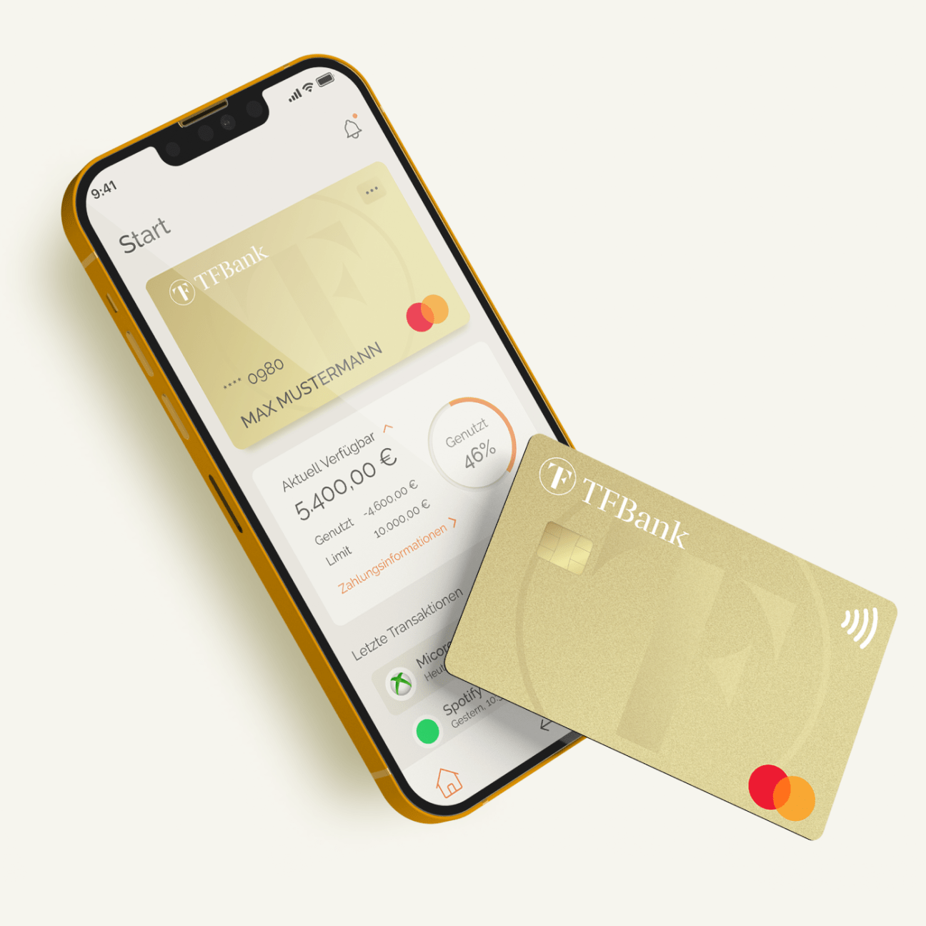 TF Bank Mobile App mit Transaktionsübersicht und verfügbarem Limit. TF Mastercard Gold schwebt daneben.